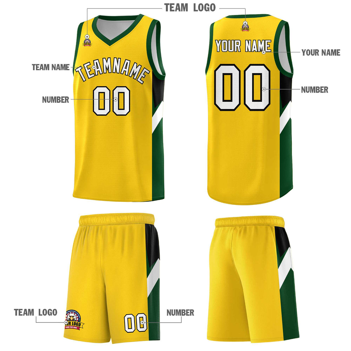 Custom Gold Hunter Green Side Design Sets Sports Uniform Basketball Jersey