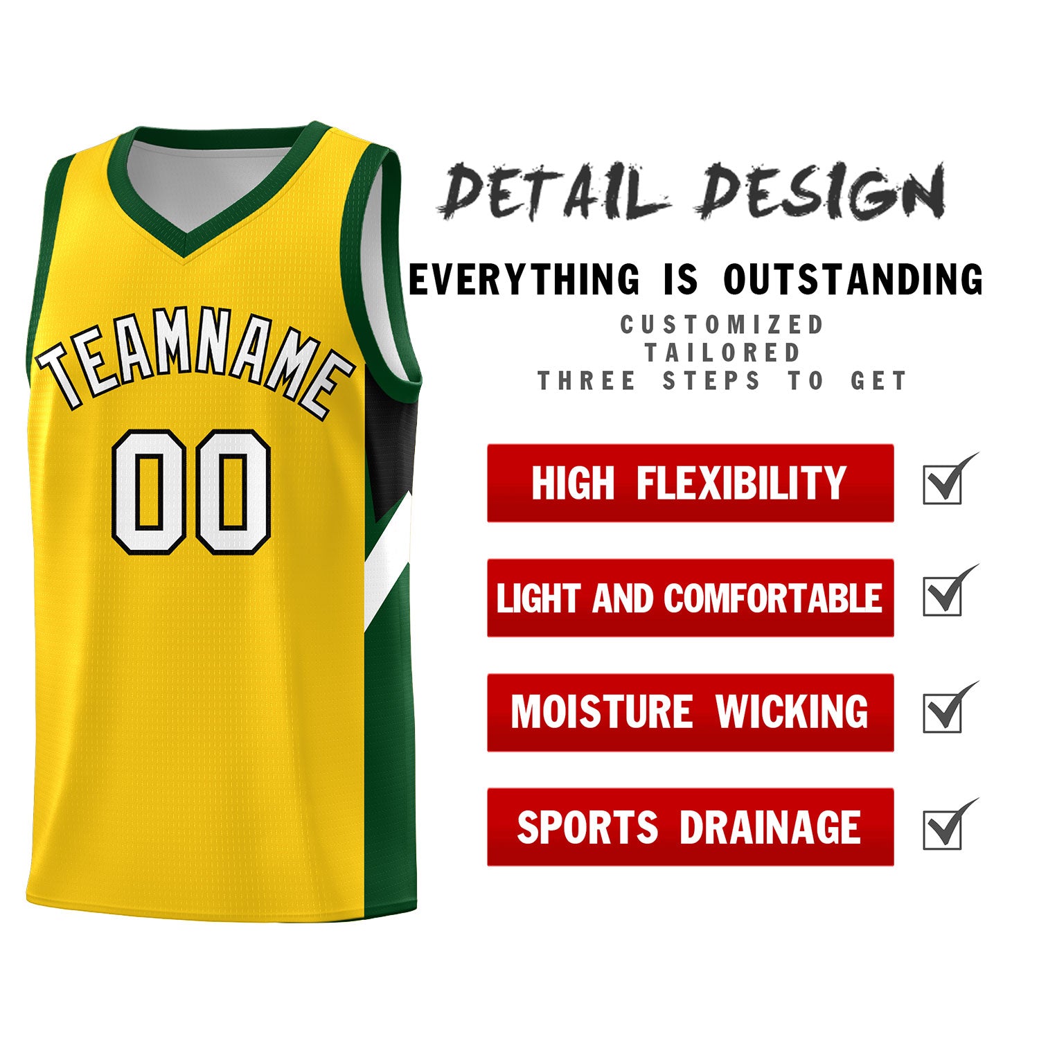 Custom Gold Hunter Green Side Design Sets Sports Uniform Basketball Jersey