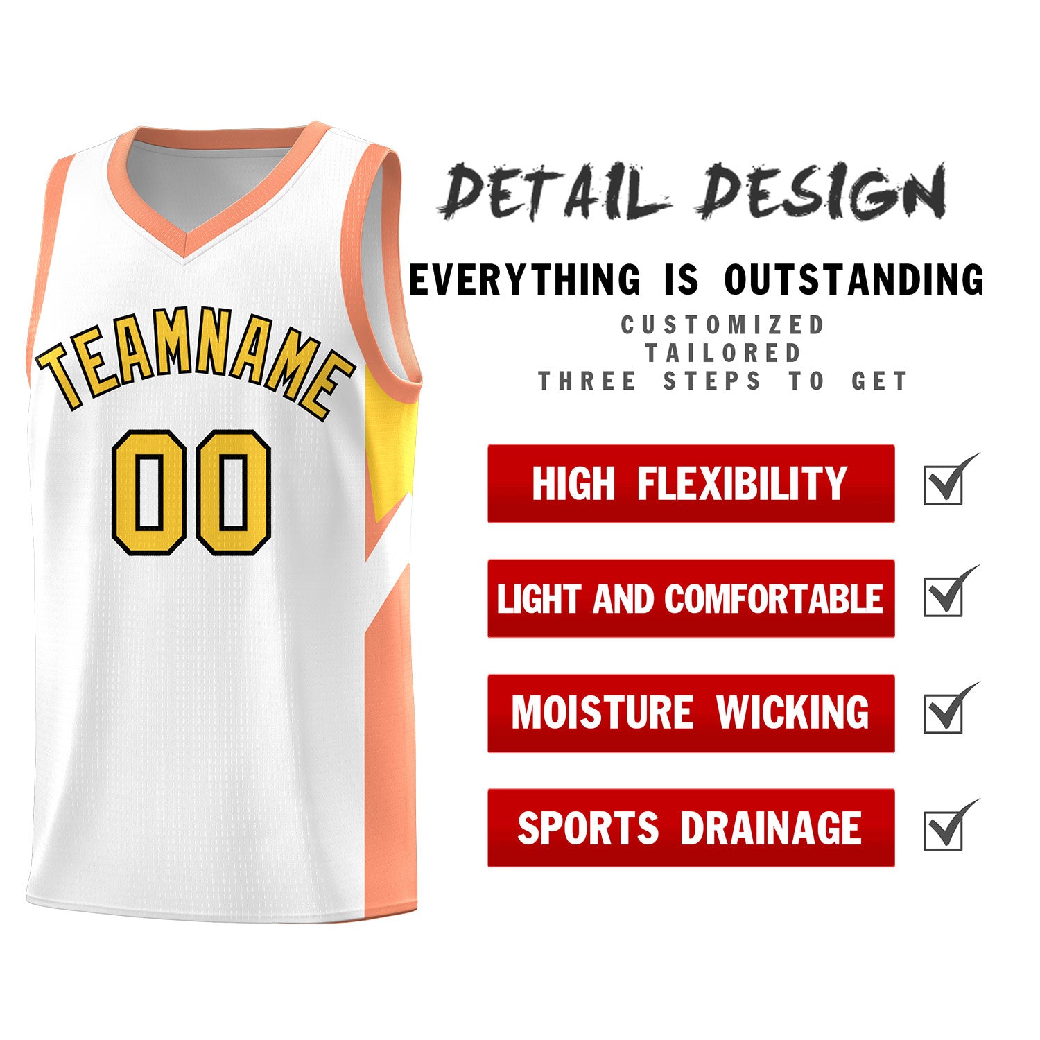 Custom White Orange Side Design Sets Sports Uniform Basketball Jersey