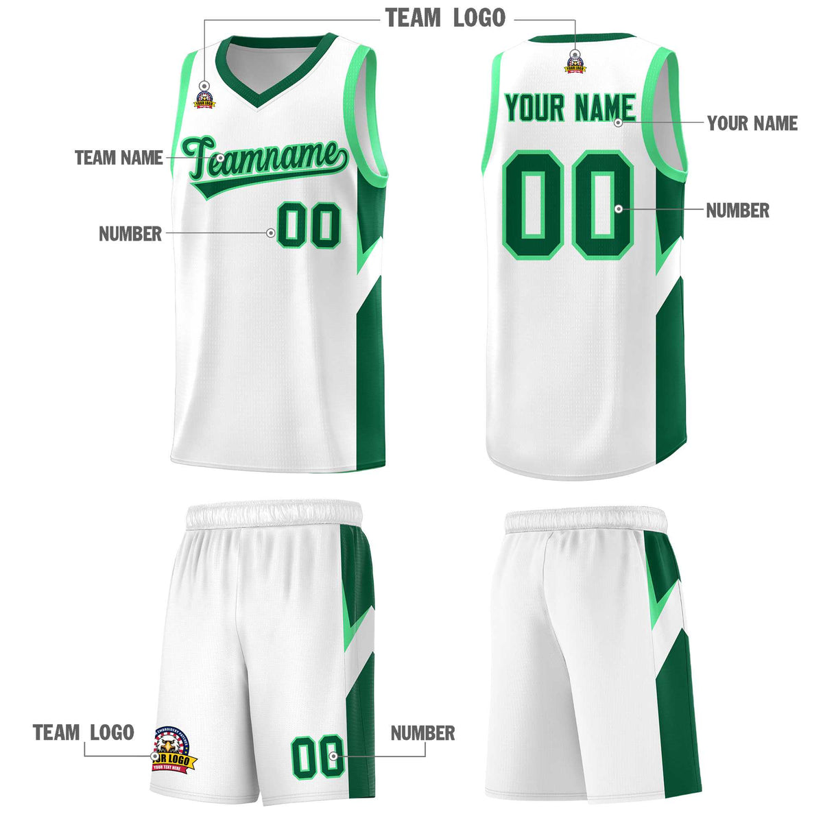 Custom White Kelly Green Side Design Sets Sports Uniform Basketball Jersey