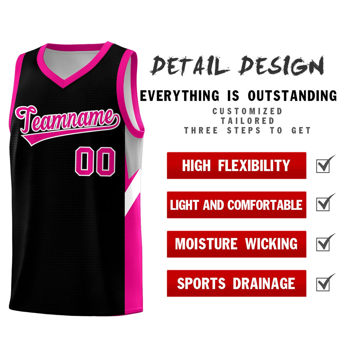 Custom Black Pink Side Design Sets Sports Uniform Basketball Jersey