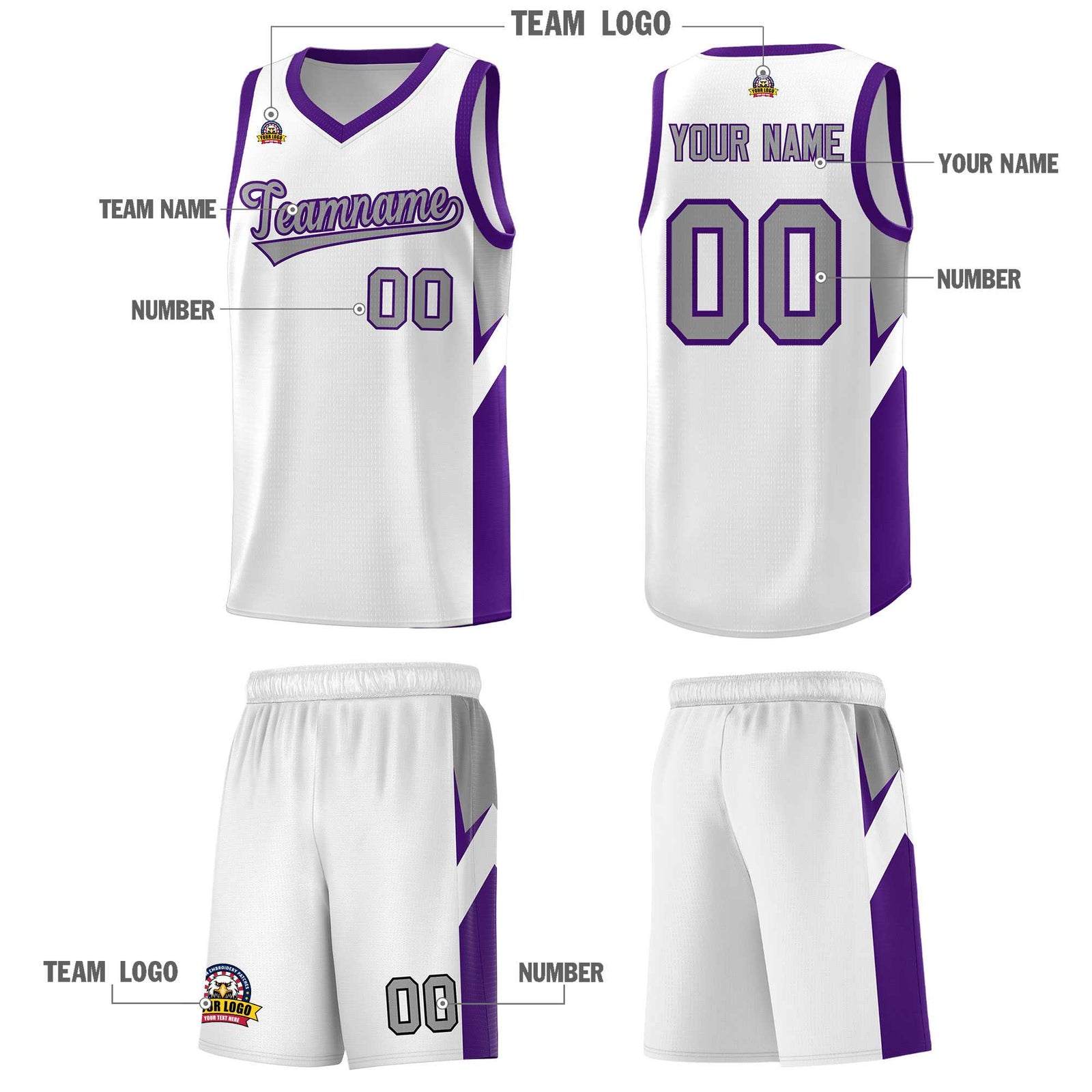 Custom White Purple Side Design Sets Sports Uniform Basketball Jersey