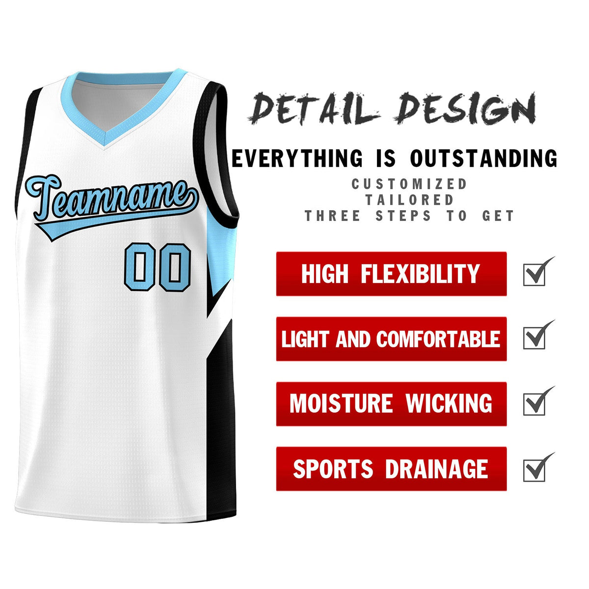 Custom White Light Blue Side Design Sets Sports Uniform Basketball Jersey