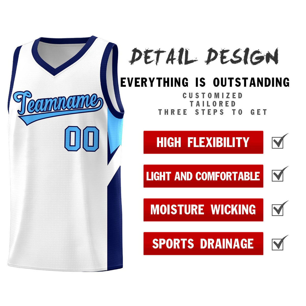 Custom White Navy Side Design Sets Sports Uniform Basketball Jersey