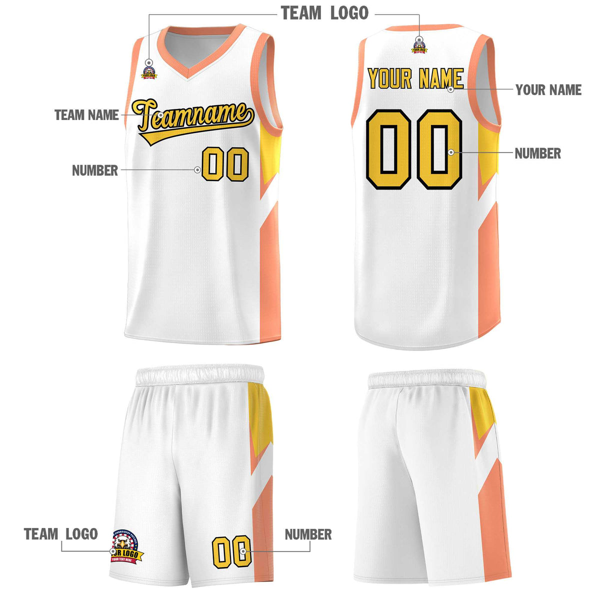 Custom White Orange Side Design Sets Sports Uniform Basketball Jersey