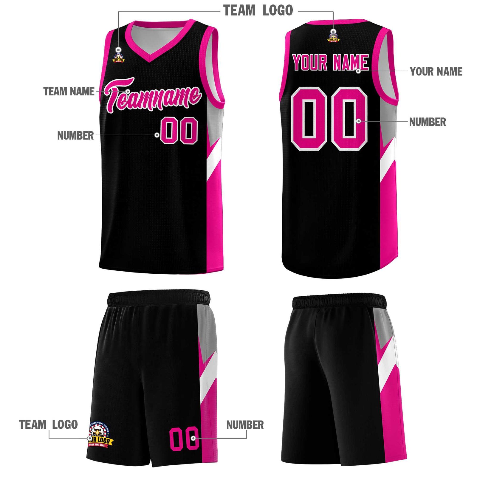 Custom Black Pink Side Design Sets Sports Uniform Basketball Jersey