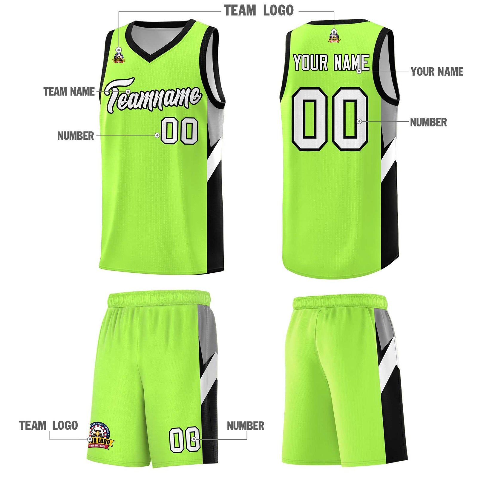 Custom Fluorescent Green Black Side Design Sets Sports Uniform Basketball Jersey