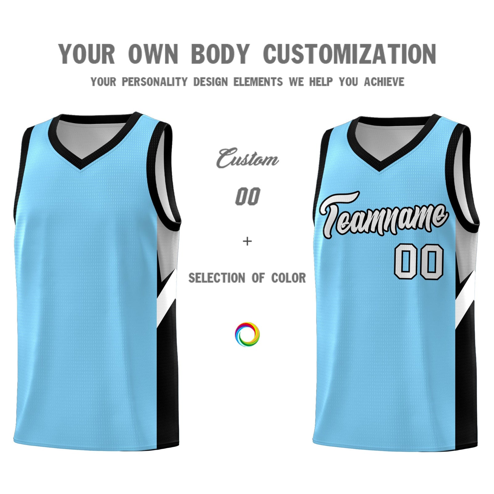 Custom Light Blue Black Side Design Sets Sports Uniform Basketball Jersey