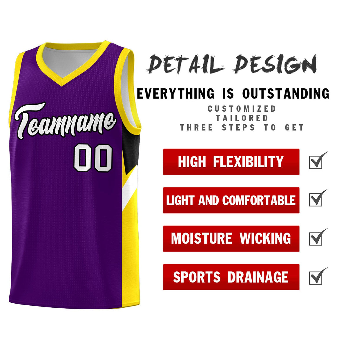 Custom Purple Gold Side Design Sets Sports Uniform Basketball Jersey