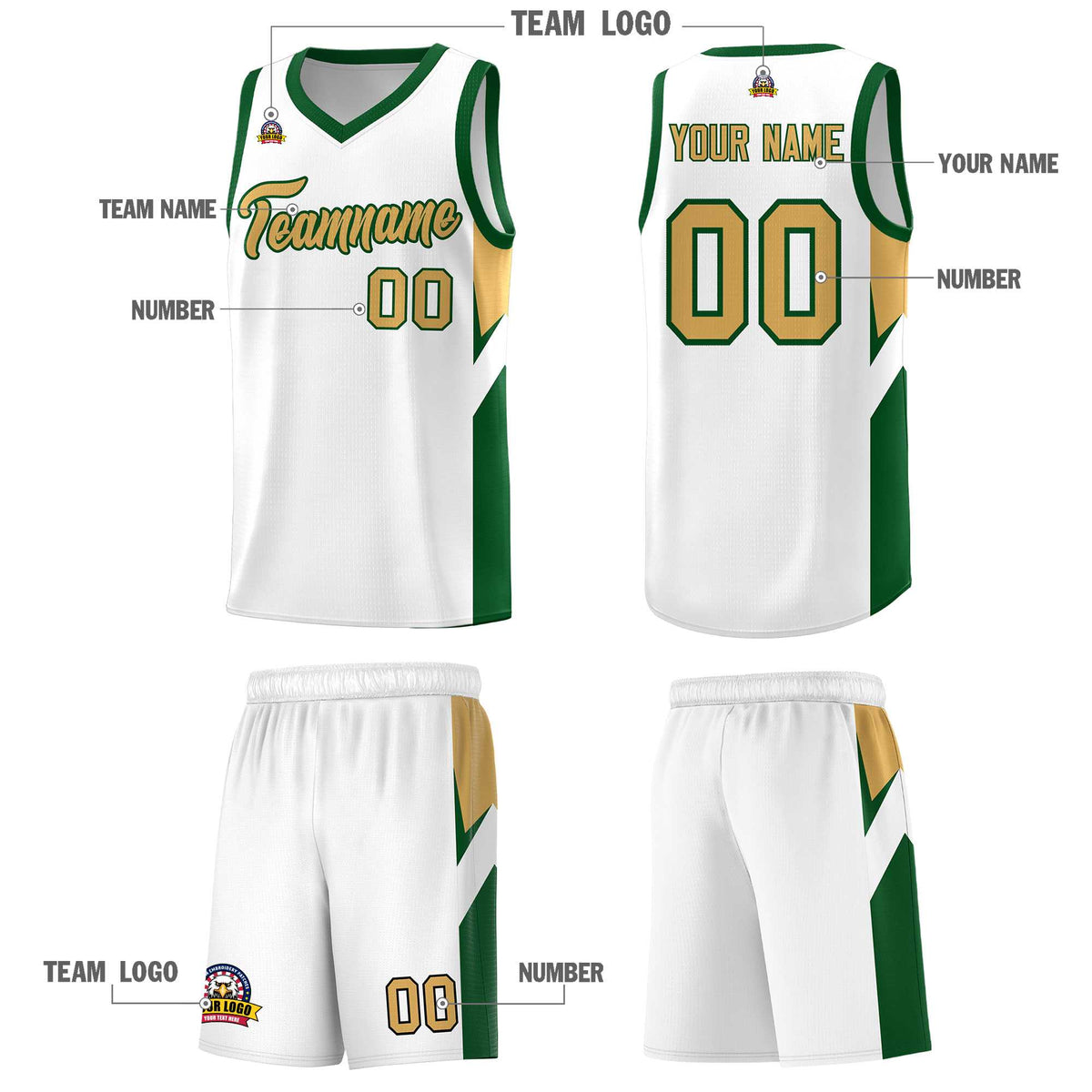 Custom White Green Side Design Sets Sports Uniform Basketball Jersey