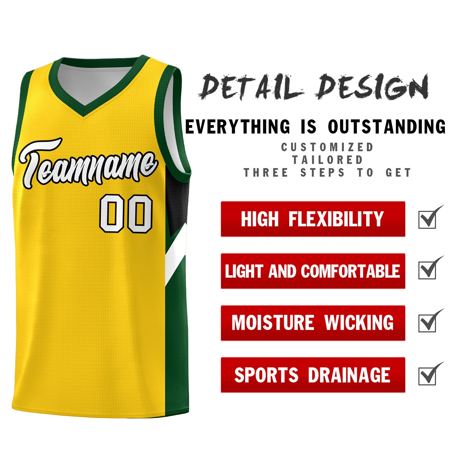 Custom Gold Hunter Green Side Design Sets Sports Uniform Basketball Jersey