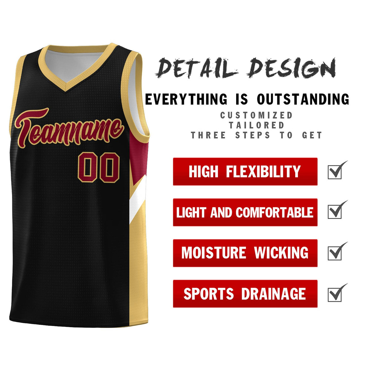 Custom Black Old Gold Side Design Sets Sports Uniform Basketball Jersey