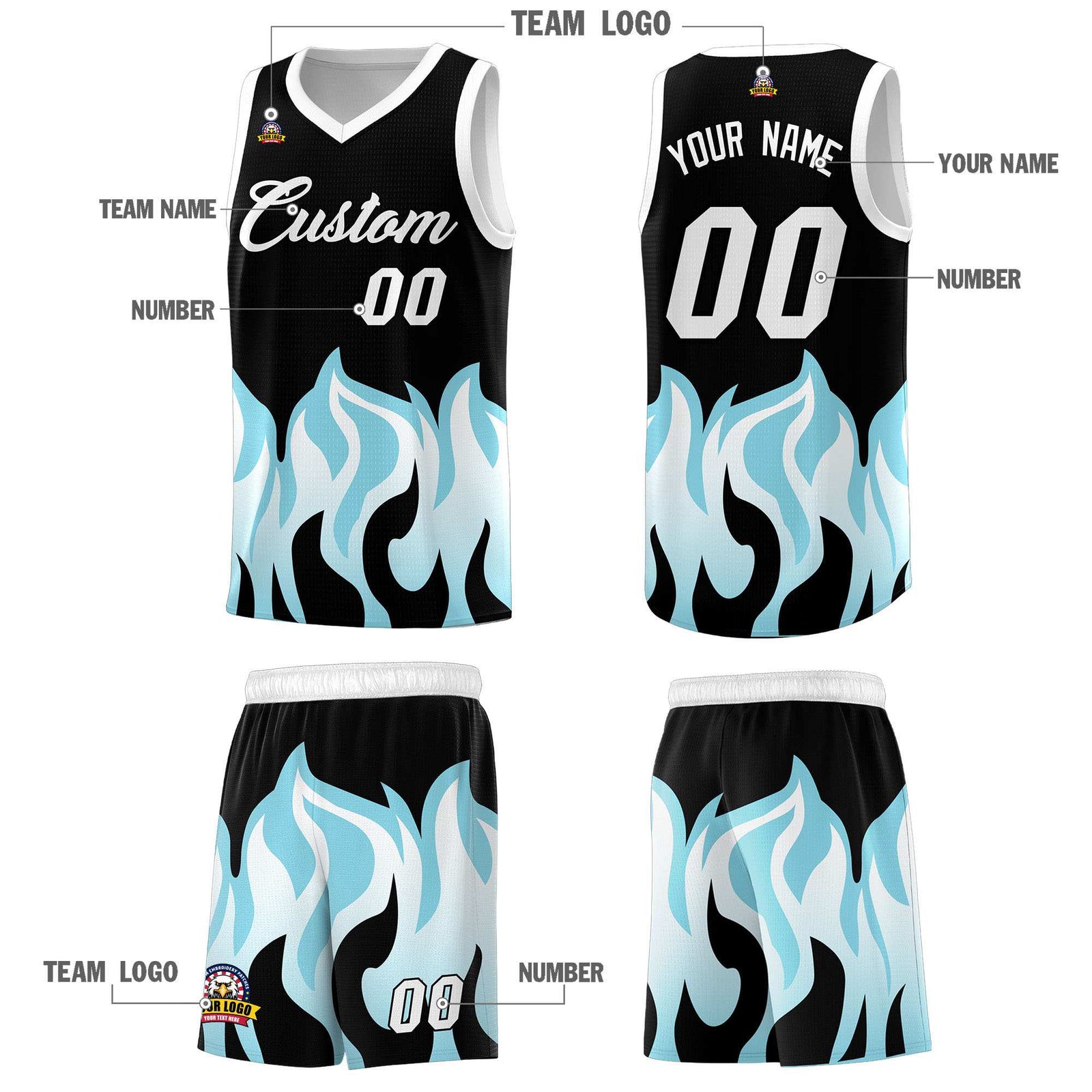 Custom Black Sky Blue Hem Flame Pattern Fashion Sports Uniform Basketball jersey