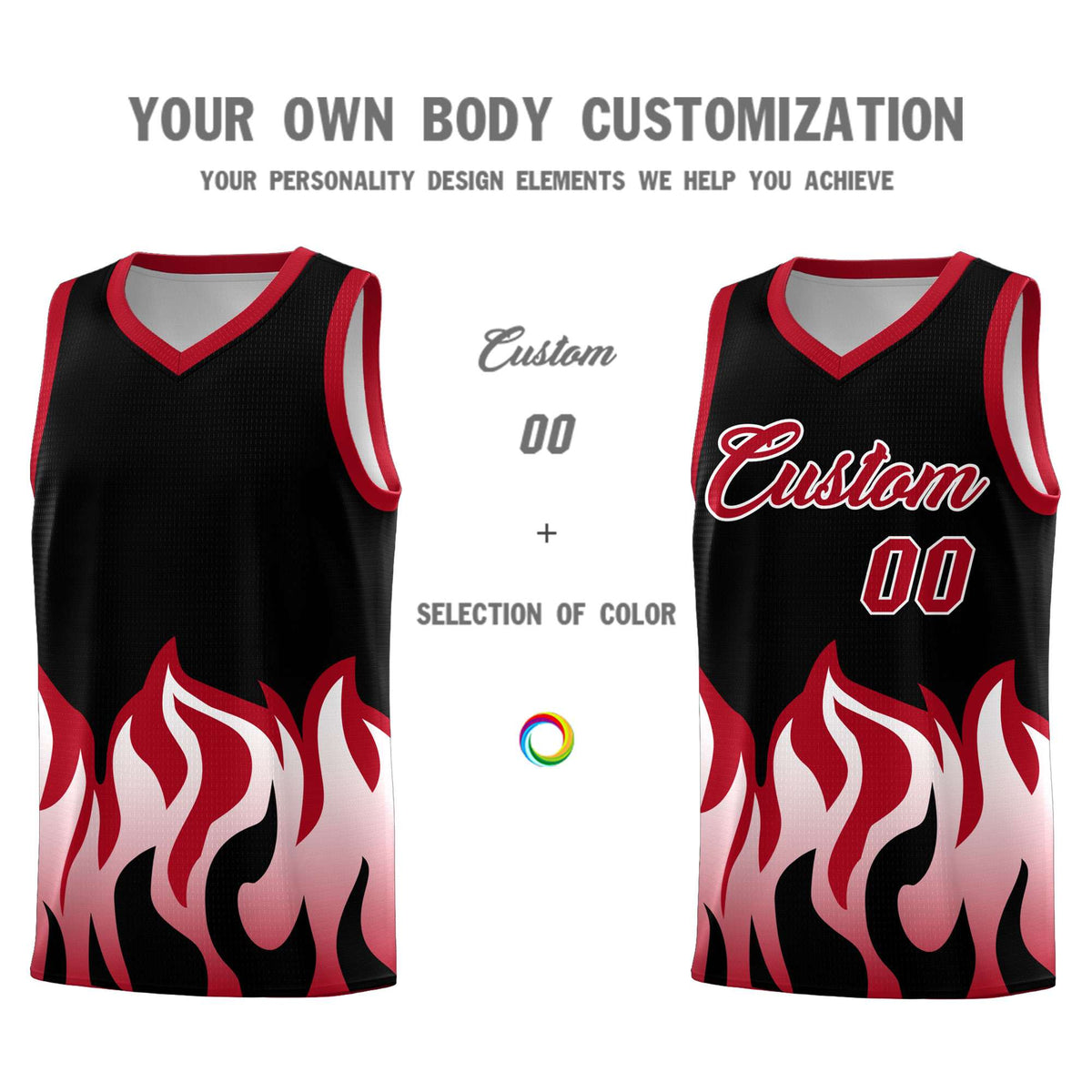 Custom Black Red Hem Flame Pattern Fashion Sports Uniform Basketball jersey