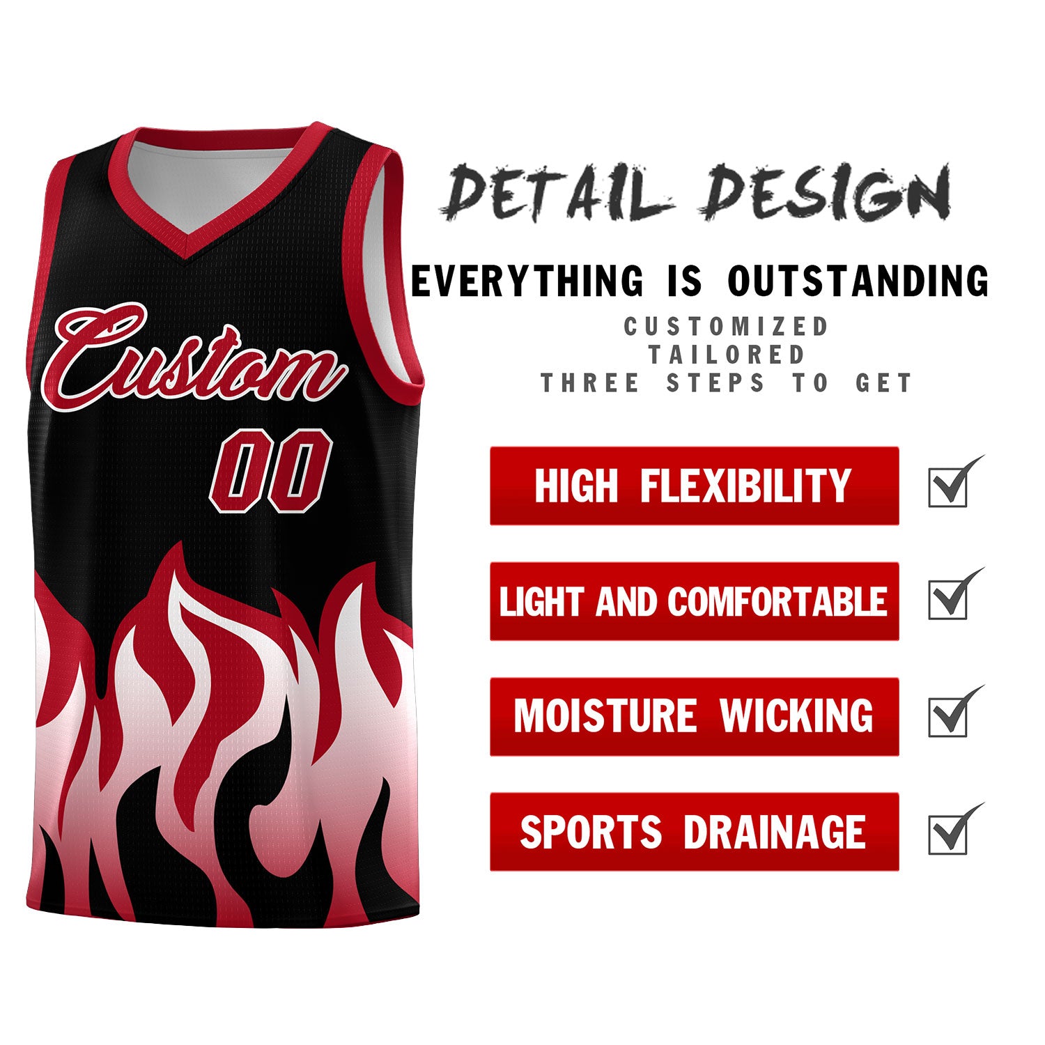 Custom Black Red Hem Flame Pattern Fashion Sports Uniform Basketball jersey