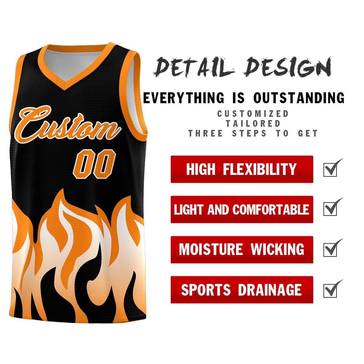 Custom Black Orange Hem Flame Pattern Fashion Sports Uniform Basketball jersey
