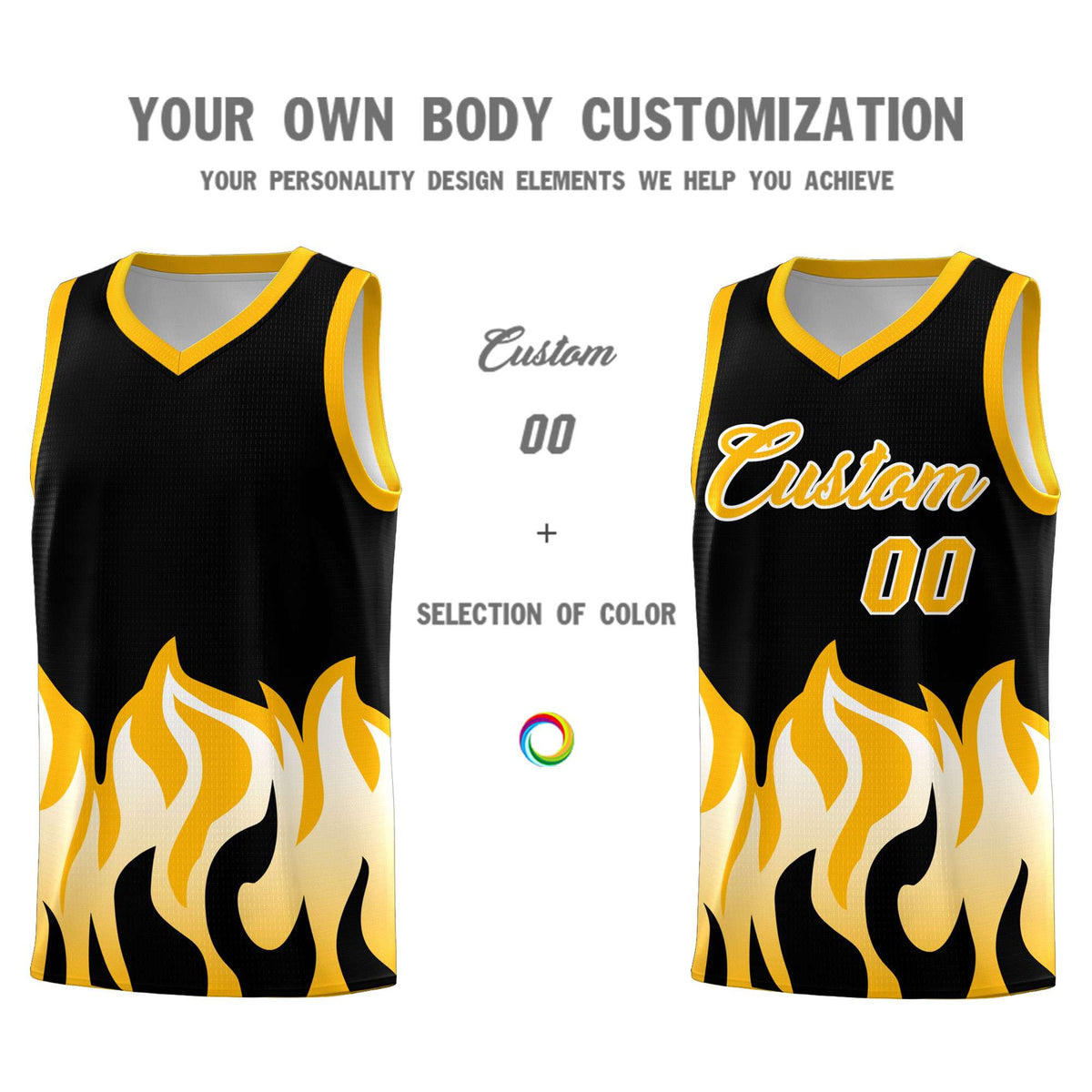 Custom Black Yellow Hem Flame Pattern Fashion Sports Uniform Basketball jersey