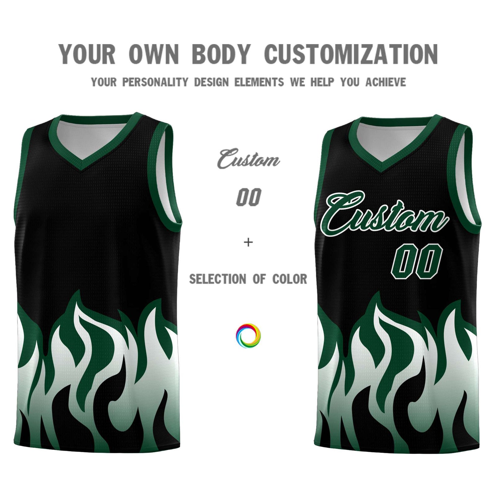 Custom Black Hunter Green Hem Flame Pattern Fashion Sports Uniform Basketball jersey