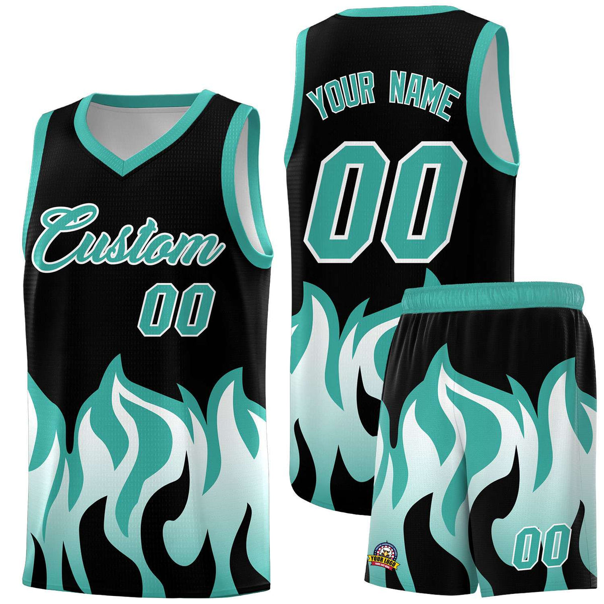 Custom Black Bright Green Hem Flame Pattern Fashion Sports Uniform Basketball jersey