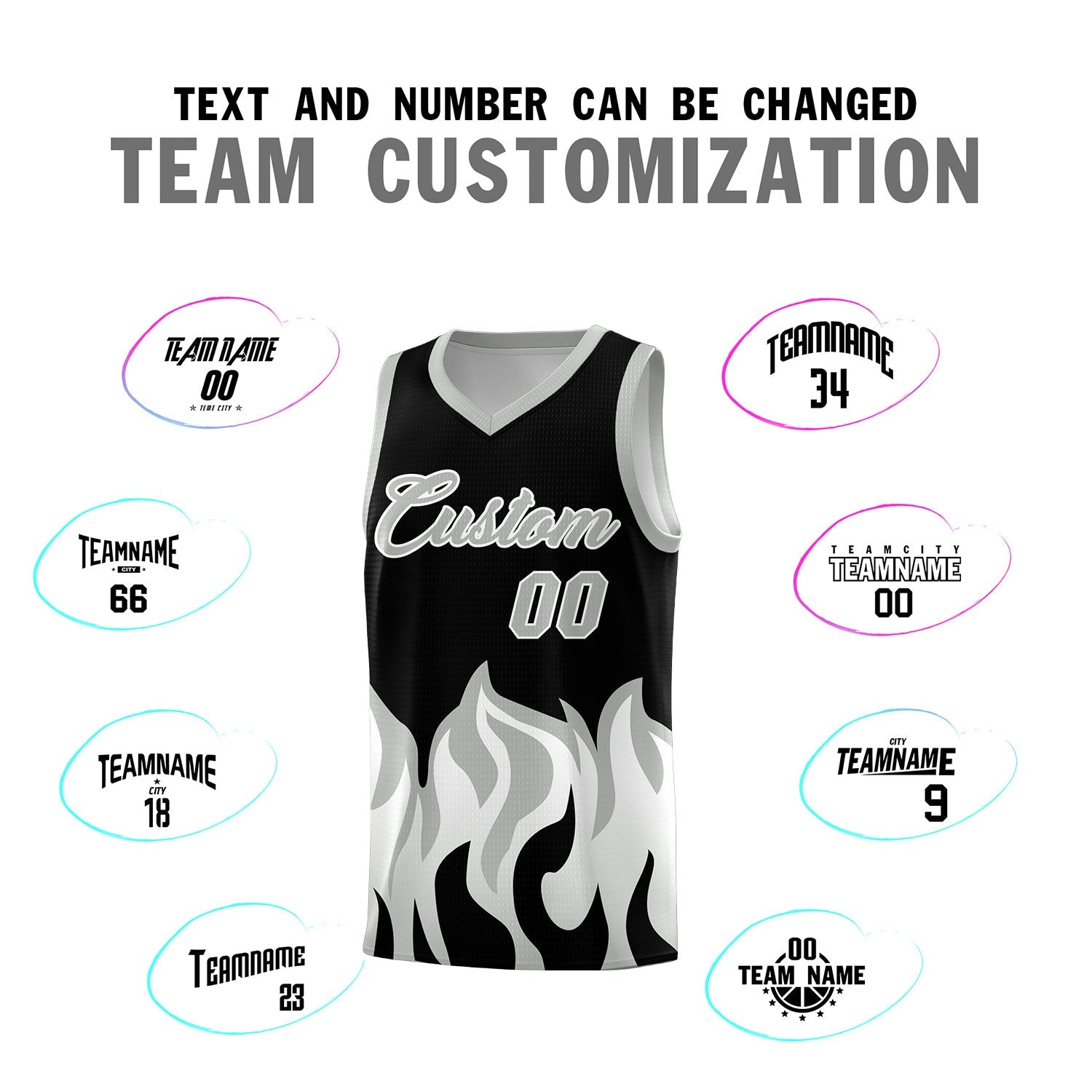 Custom Black Gray Hem Flame Pattern Fashion Sports Uniform Basketball jersey