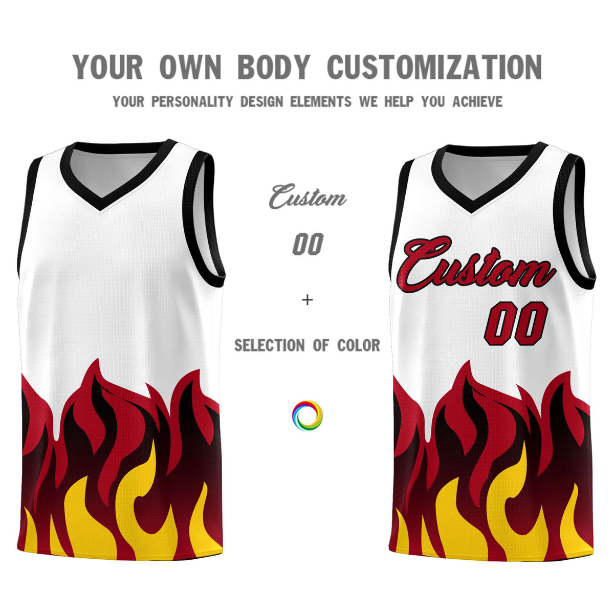 Custom White Red Hem Flame Pattern Fashion Sports Uniform Basketball jersey