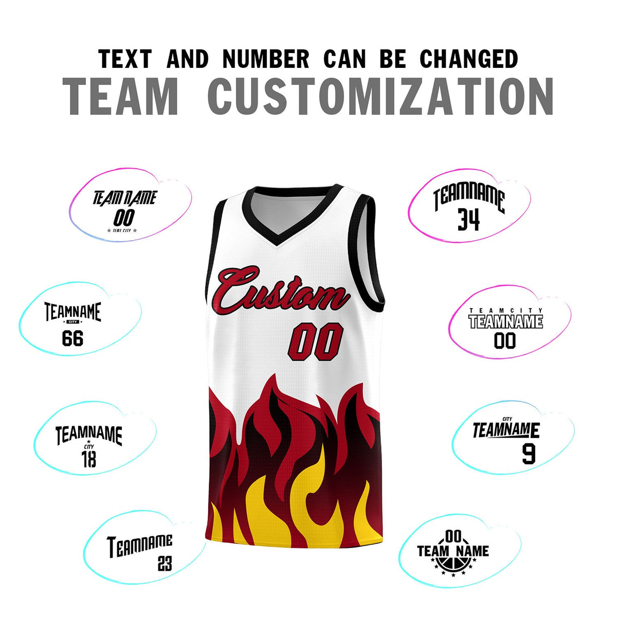 Custom White Red Hem Flame Pattern Fashion Sports Uniform Basketball jersey