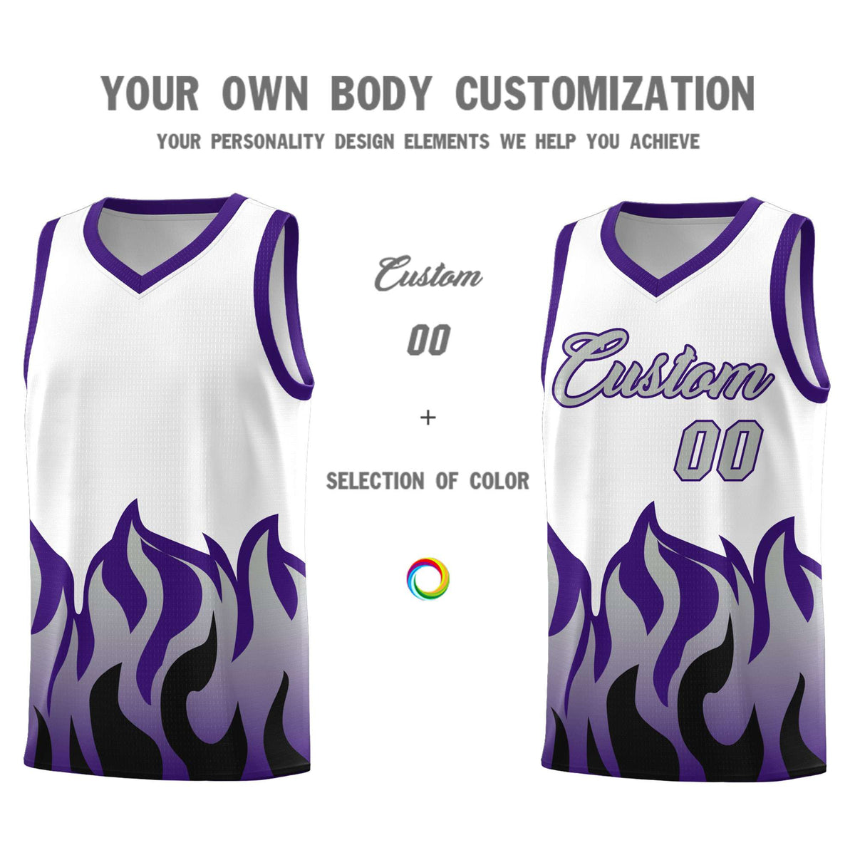 Custom White Purple Hem Flame Pattern Fashion Sports Uniform Basketball jersey