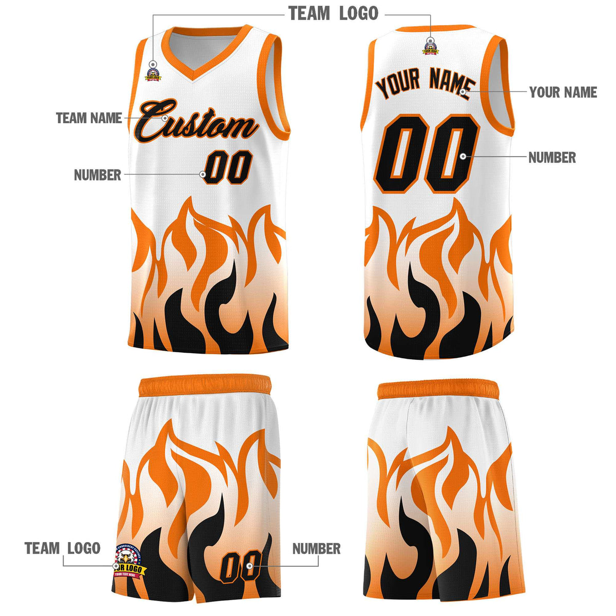 Custom White Orange Hem Flame Pattern Fashion Sports Uniform Basketball jersey