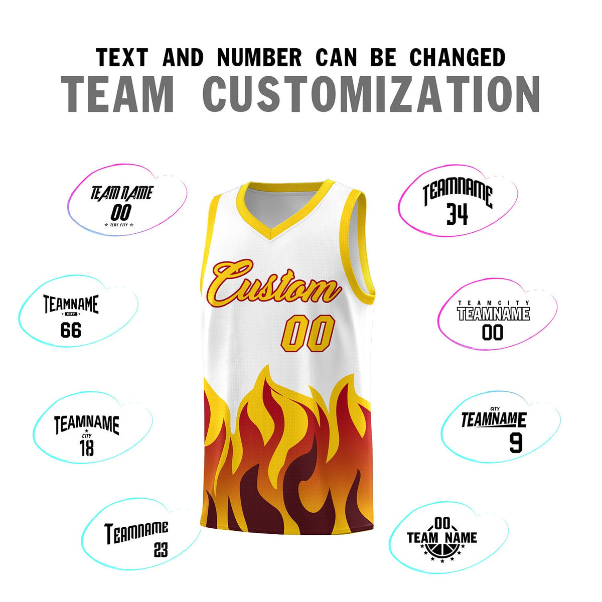 Custom White Gold Hem Flame Pattern Fashion Sports Uniform Basketball jersey