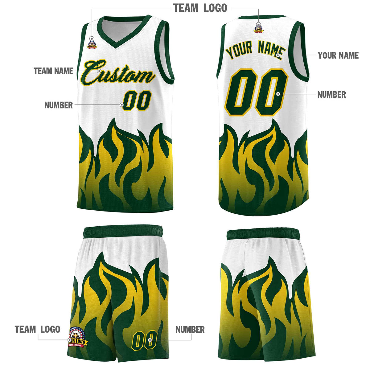 Custom White Hunter Green Hem Flame Pattern Fashion Sports Uniform Basketball jersey