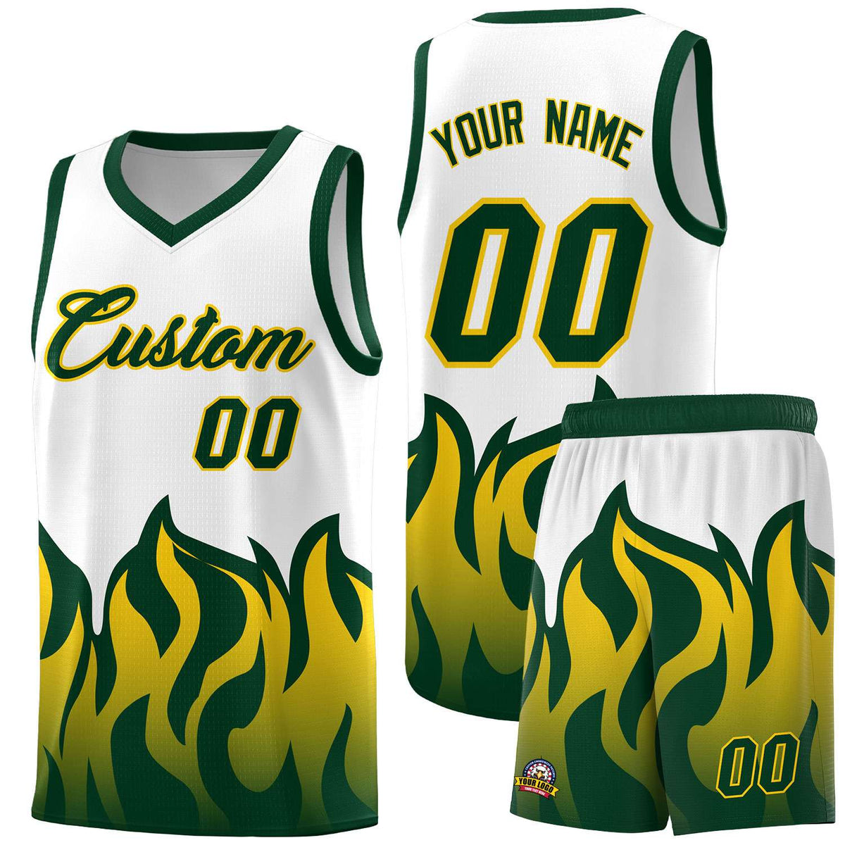 Custom White Hunter Green Hem Flame Pattern Fashion Sports Uniform Basketball jersey