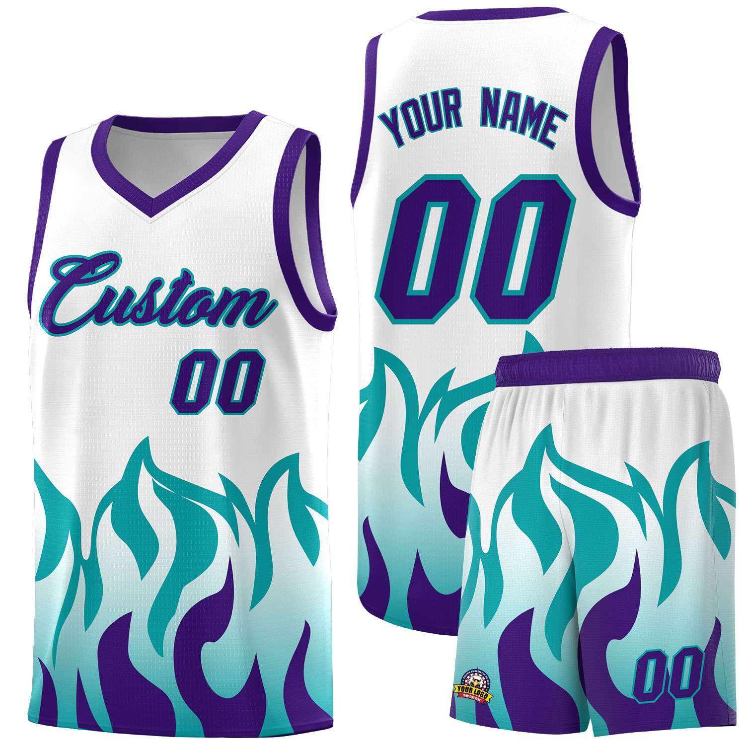 Custom White Aqua Hem Flame Pattern Fashion Sports Uniform Basketball jersey