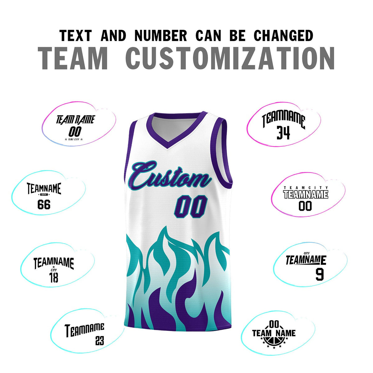 Custom White Aqua Hem Flame Pattern Fashion Sports Uniform Basketball jersey