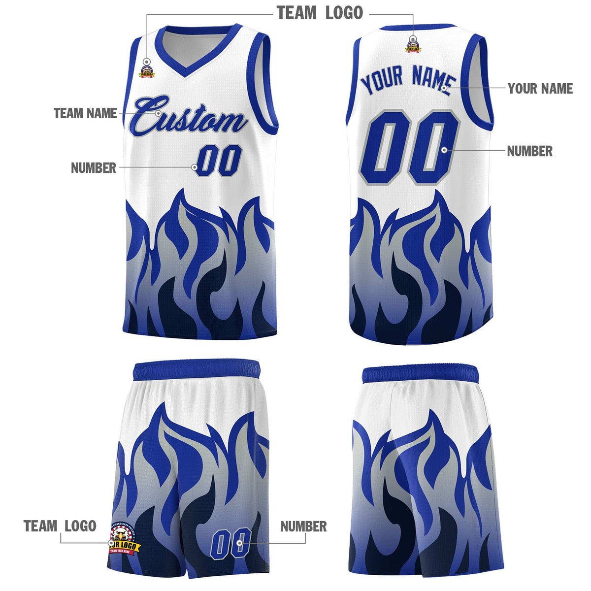 Custom White Royal Hem Flame Pattern Fashion Sports Uniform Basketball jersey