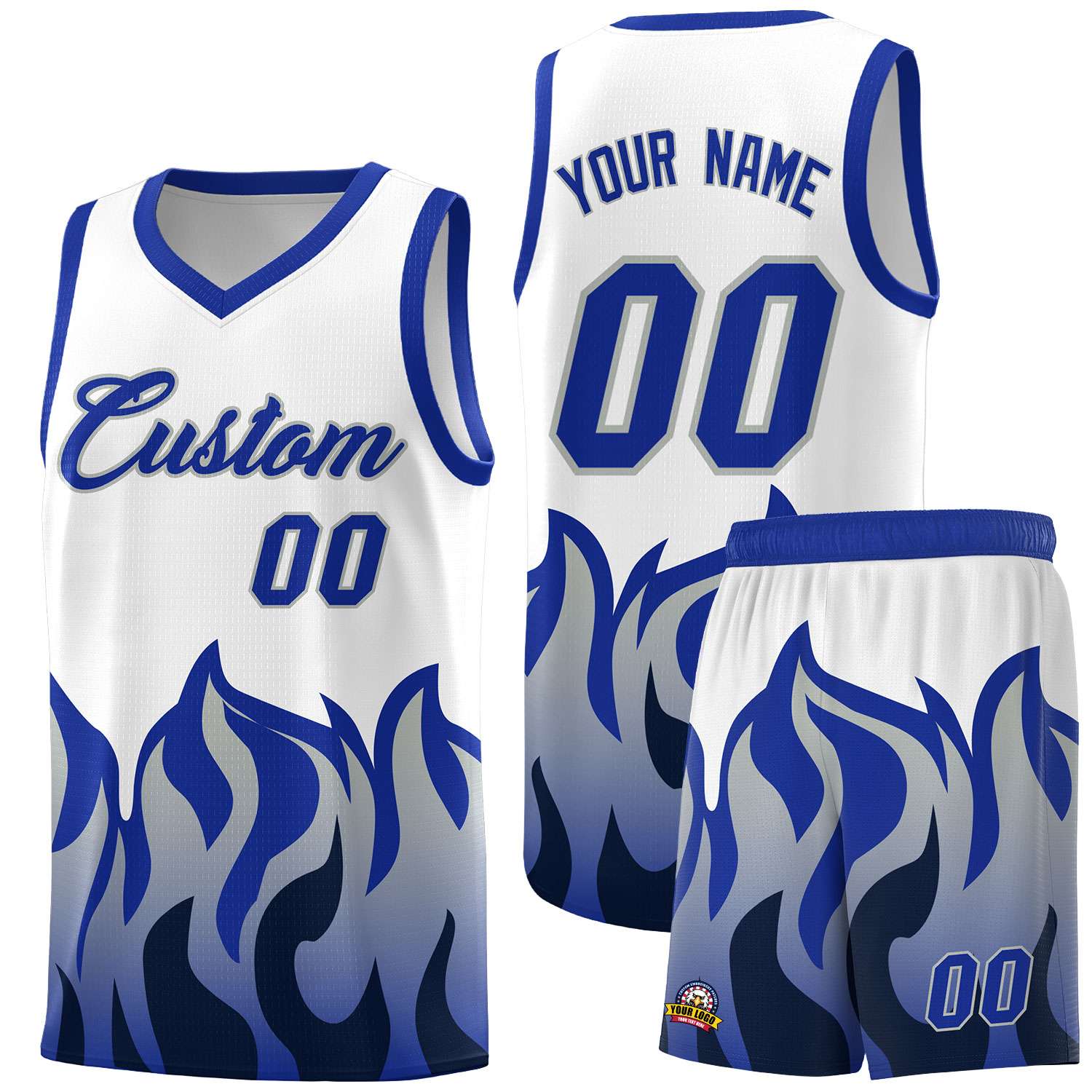 Custom White Royal Hem Flame Pattern Fashion Sports Uniform Basketball jersey