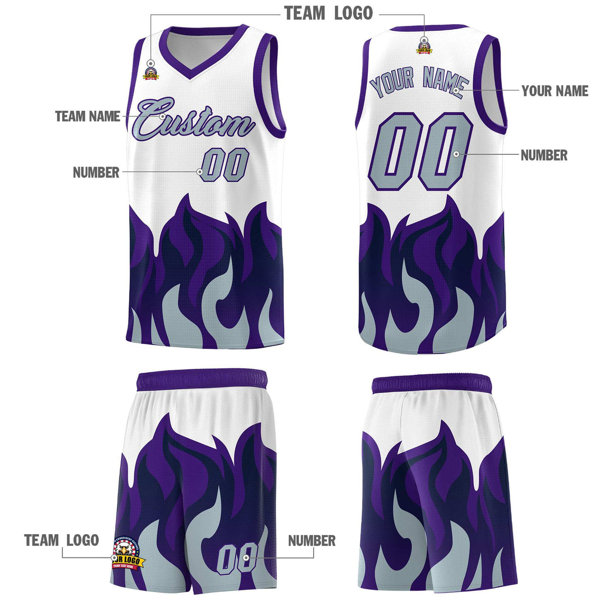 Custom White Purple Hem Flame Pattern Fashion Sports Uniform Basketball jersey