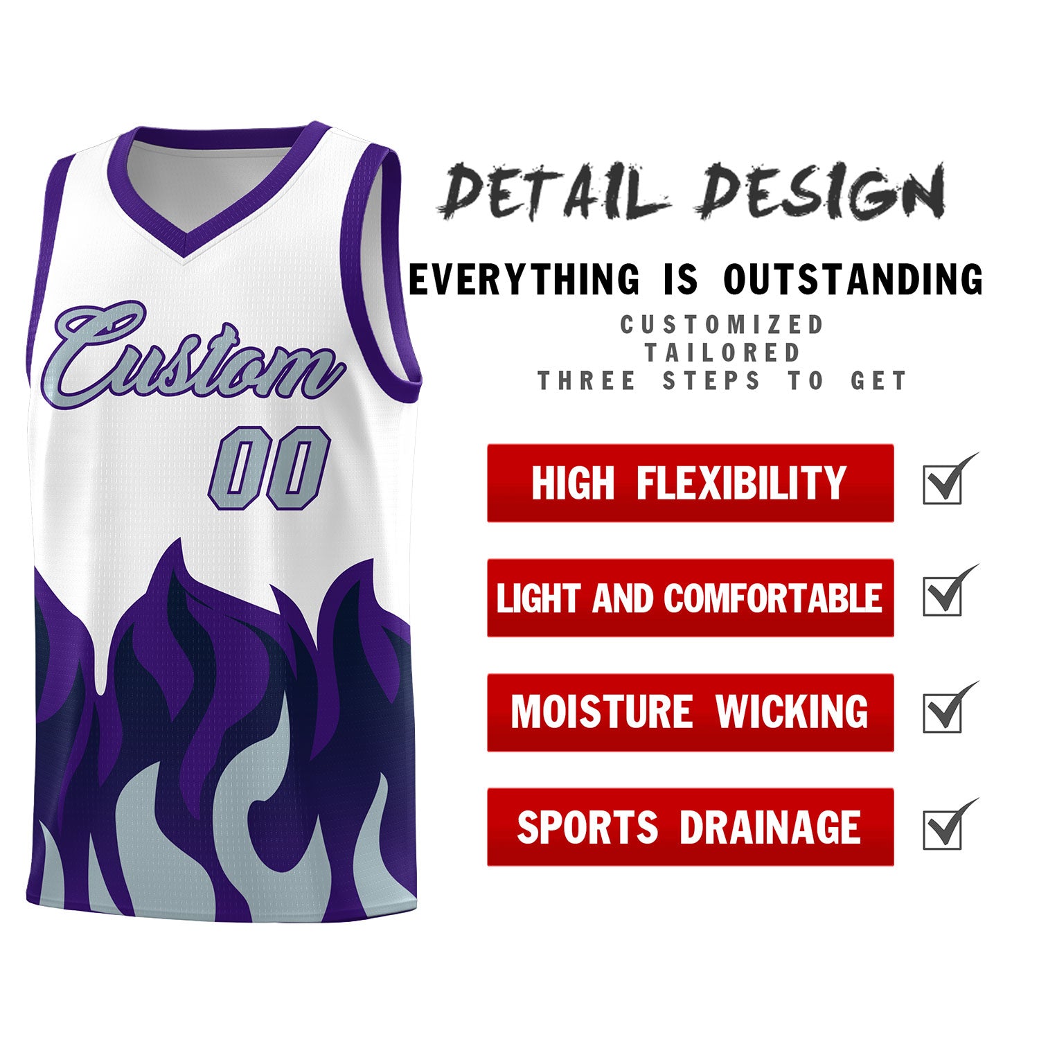 Custom White Purple Hem Flame Pattern Fashion Sports Uniform Basketball jersey