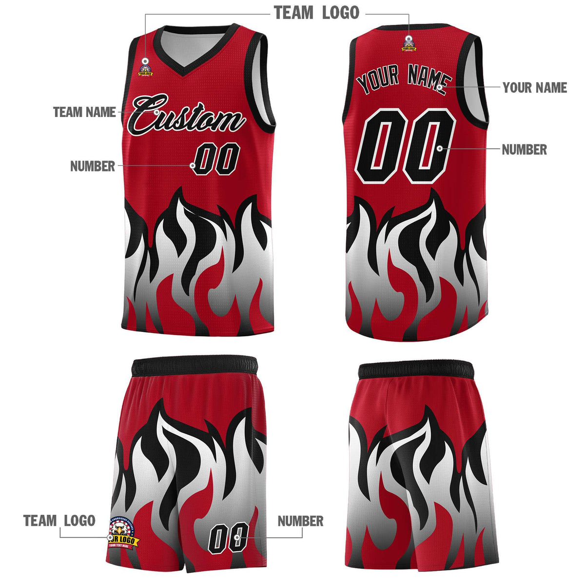 Custom Red Black Hem Flame Pattern Fashion Sports Uniform Basketball jersey