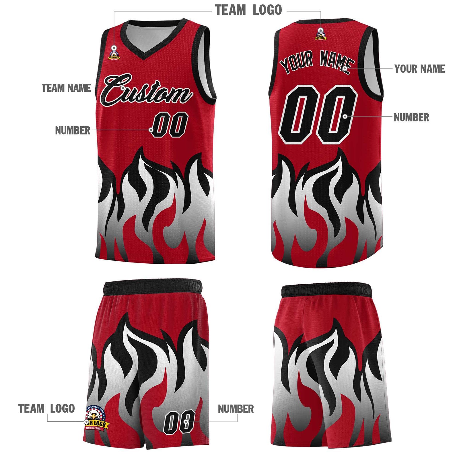 Custom Red Black Hem Flame Pattern Fashion Sports Uniform Basketball jersey