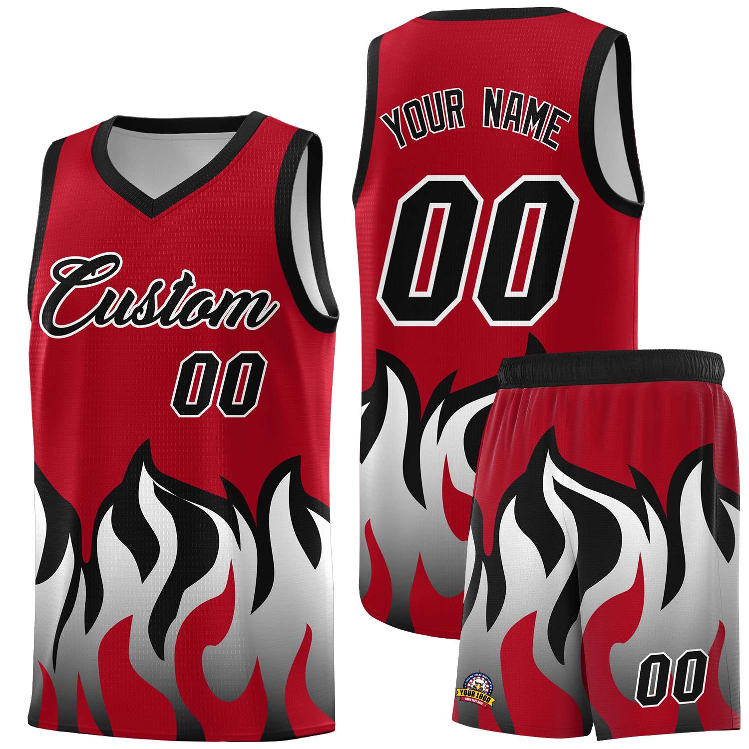 Custom Red Black Hem Flame Pattern Fashion Sports Uniform Basketball jersey
