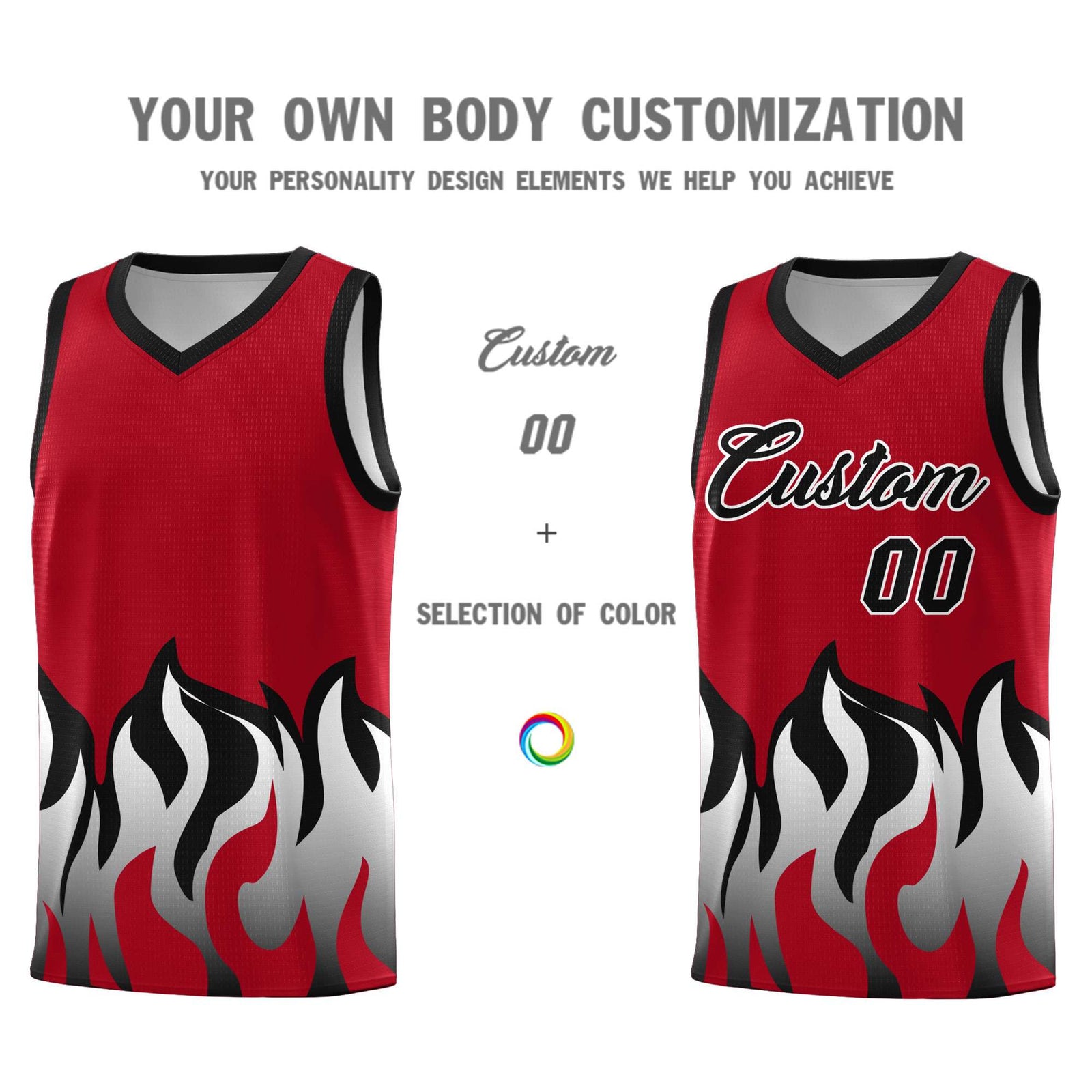 Custom Red Black Hem Flame Pattern Fashion Sports Uniform Basketball jersey