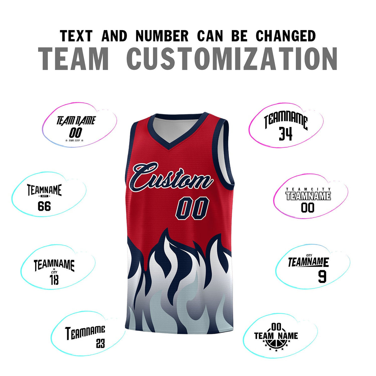 Custom Red Navy Hem Flame Pattern Fashion Sports Uniform Basketball jersey