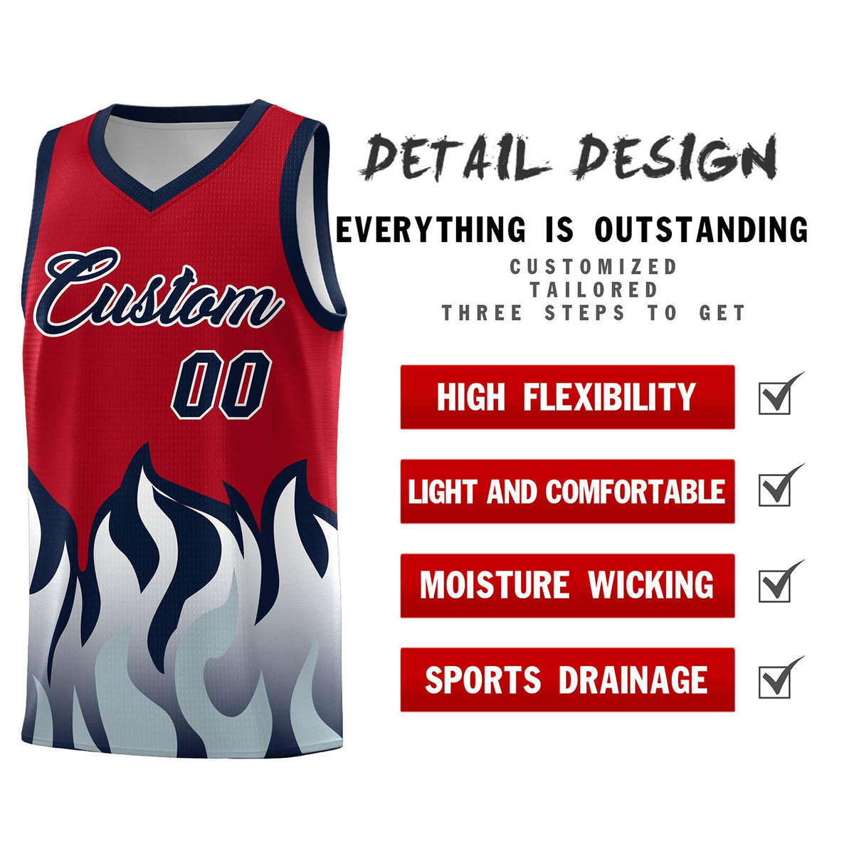 Custom Red Navy Hem Flame Pattern Fashion Sports Uniform Basketball jersey