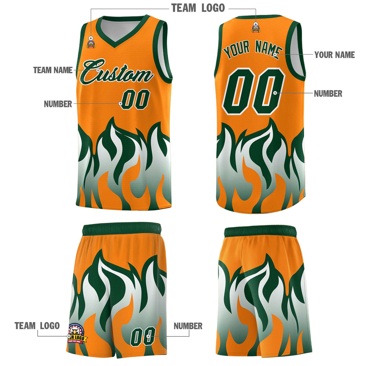 Custom Orange Hunter Green Hem Flame Pattern Fashion Sports Uniform Basketball jersey