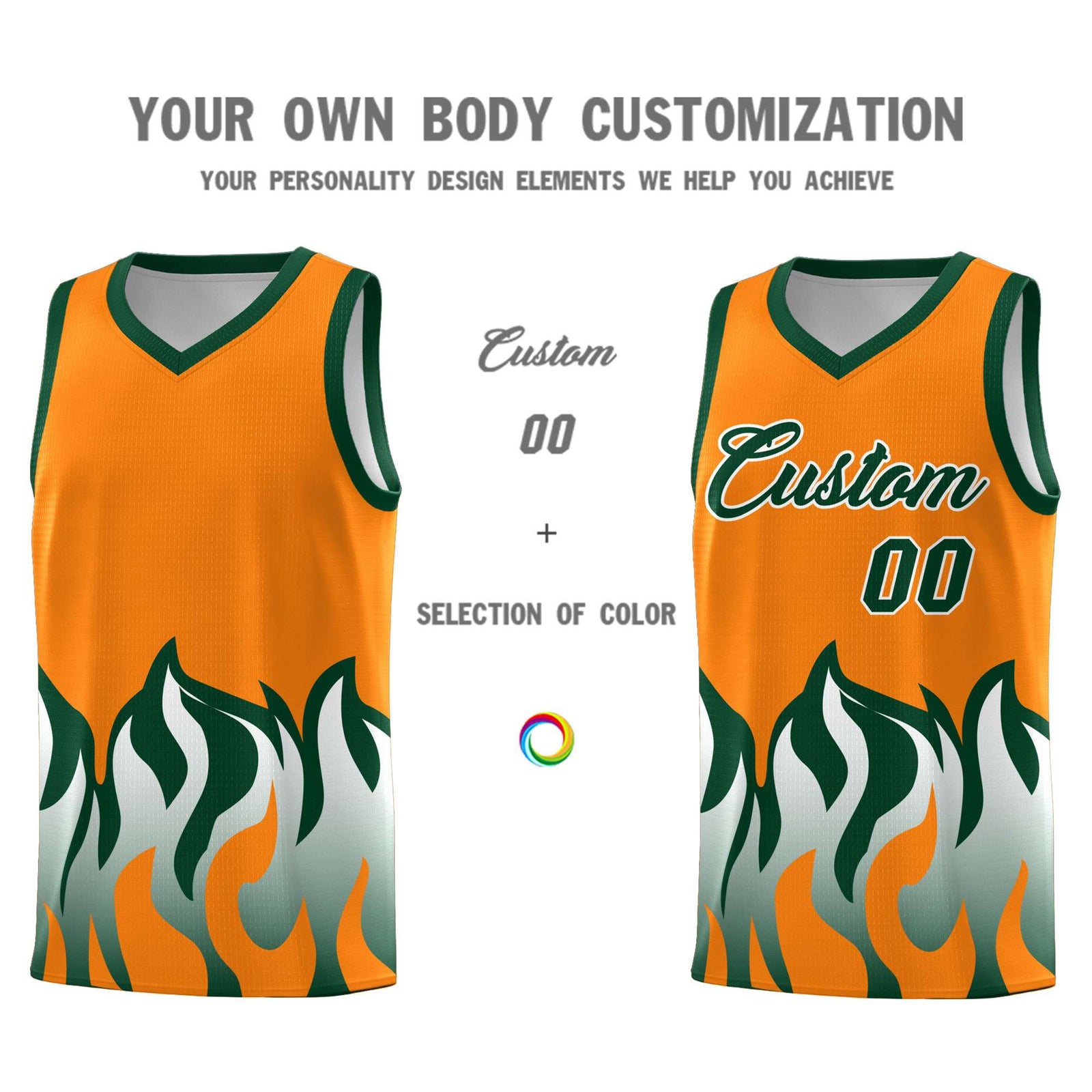 Custom Orange Hunter Green Hem Flame Pattern Fashion Sports Uniform Basketball jersey