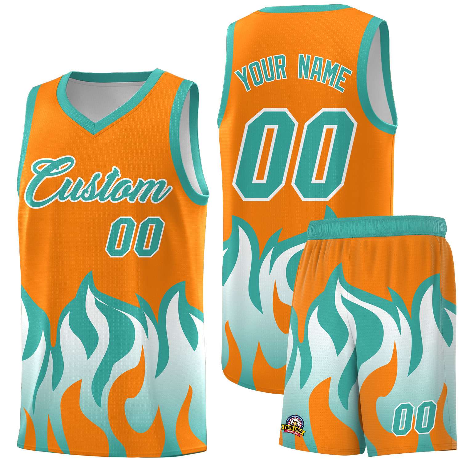 Custom Orange Bright Green Hem Flame Pattern Fashion Sports Uniform Basketball jersey