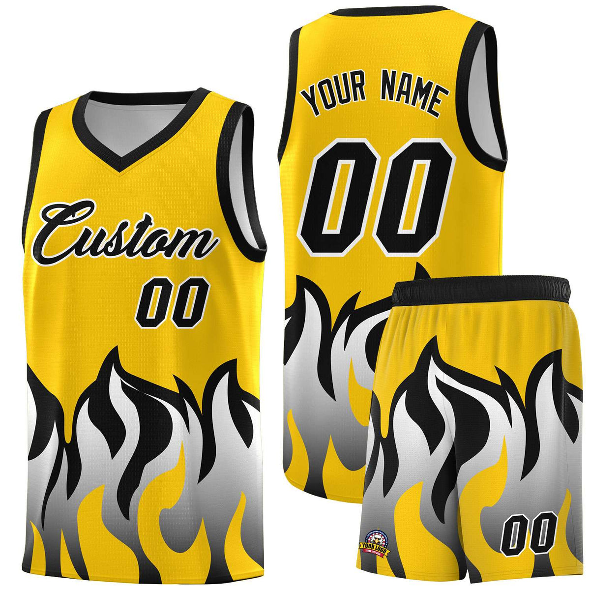 Custom Gold Black Hem Flame Pattern Fashion Sports Uniform Basketball jersey