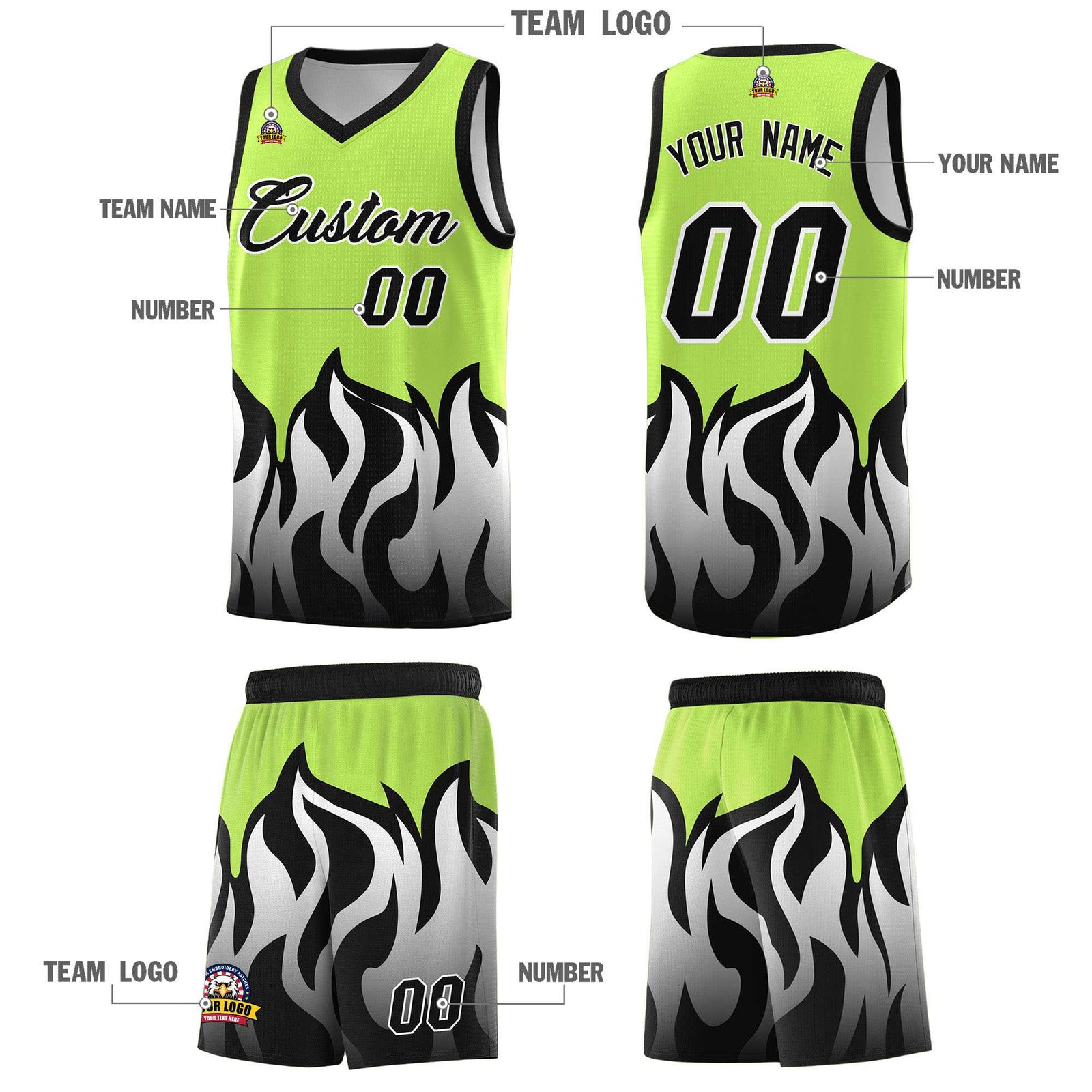 Custom Neon Green Black Hem Flame Pattern Fashion Sports Uniform Basketball jersey