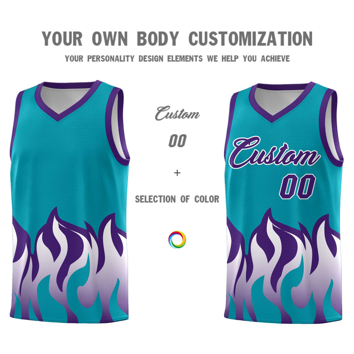 Custom Aqua Purple Hem Flame Pattern Fashion Sports Uniform Basketball jersey