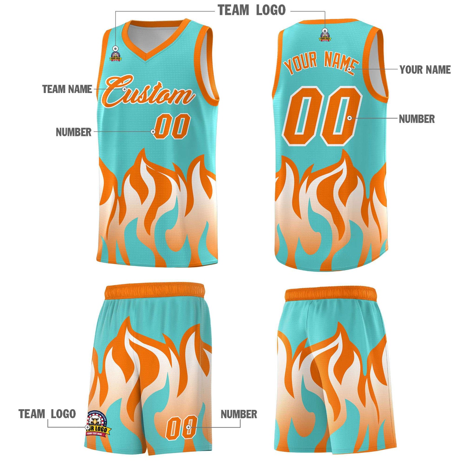 Custom Bright Green Orange Hem Flame Pattern Fashion Sports Uniform Basketball jersey